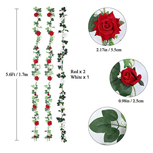 Hobyhoon Artificial Rose Vines Flowers Garland 5.6Ft Silk Velvet Rose Vines Fake Hanging Rose Ivy Plant For Wedding Party Home Wall Garden Decorations (Red 2Pcs + White 1Pcs) #TOP6