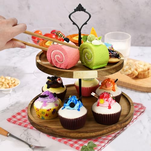 EUIEUT 2 Tier Wooden Cupcake Stand Tiered Serving Tray Rustic Cake Tower Stand Round Dessert Display Stand with Metal Handle for Wedding Birthday Tea Party Baby Shower Kitchen Decor - Image 4