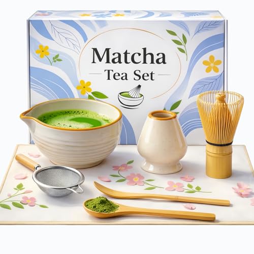ARTFLY Matcha Set, 7-Piece Japanese Matcha Kit with Ceramic Bowl, Bamboo Whisk, Ceramic Whisk Holder, Stainless Steel Sifter, Chashaku Scoop, Bamboo Spoon and Tea Towel