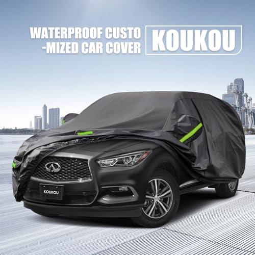 Image of KouKou Waterproof SUV Car Cover Suitable for Infiniti QX60 (2013-2024), 6 Layers Windproof All Weather Waterproof Outdoor Cover Sun Rain UV Dust Snow Protection. Black