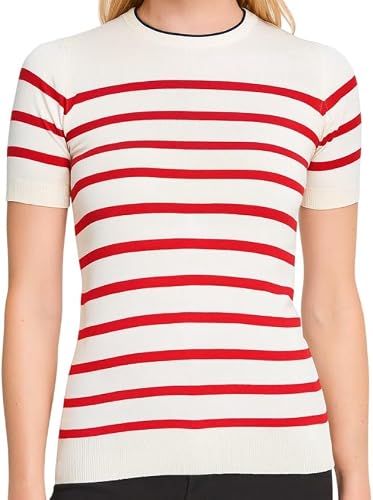 Missy Missi Ladies Short Sleeve Striped Top Crew Neck with Red Trim White XL