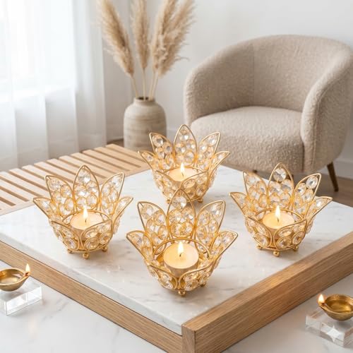 Image of CentraLit Gold Lotus Crystal Decorative Items for Home Decor Living Room Table Decor Showpiece for Home Decor, Wedding Gift, House Warming Gift, Diwali Decoration Jyot, Tealight Candle Holder Set of 4
