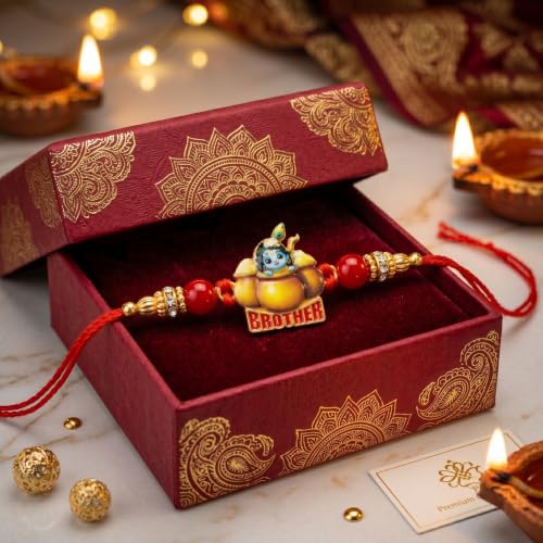 Image of Cartoon Kanha Bal Krishna and Car Rakhi for Baby /Kids Brother /Sister | Combo for Kids | Rakhi with Greeting Card & Roli Chawal
