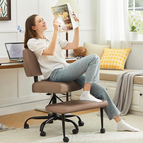 Image of Criss Cross Legged Office Chair with Wheels,Swivel Meditation Chair for ADHD,Ergonomic Cross Legged Desk Chair with Thicken Adjustable Footstool,PU Sitting Fidgeting Kneeling Chair for Home Yoga Brown