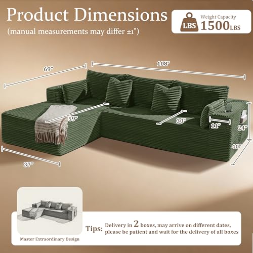 Image of 108 inch Cloud Sectional Couch, Comfort L Shaped Boneless Couch for Living Room, Extra Deep Seats No Assembly, Minimalist Modular Sofa, Corduroy (Olive Green, 2 Seater+Right Facing Chaise)