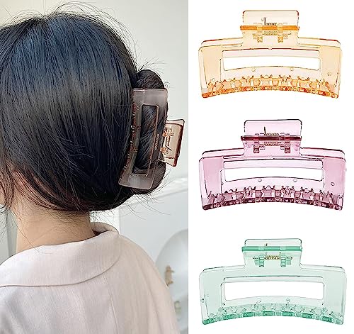 Image of 3 Pcs Korean Style Big Hair Claw Clips For Thin Thick Curly Hair Strong Hold Transparent Gloss Hair Accessories For Women & Girls