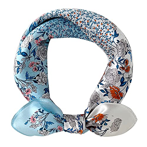 Meisee Pure Mulberry Silk Scarfs Women Small Square Scarf 21" X 21" Breathable Lightweight Neckerchief Printed Headscarf (Blue Flowers) #TOP19