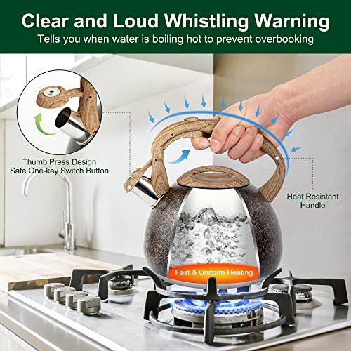 Greenual Tea Kettle, 3.2 Quart Loud Whistling Tea Kettle Stovetop, Food Grade Stainless Steel Teapot For Stovetop, Anti-Rust Tea Pot With Cool Touch Ergonomic Handle(Black Gold) #TOP4