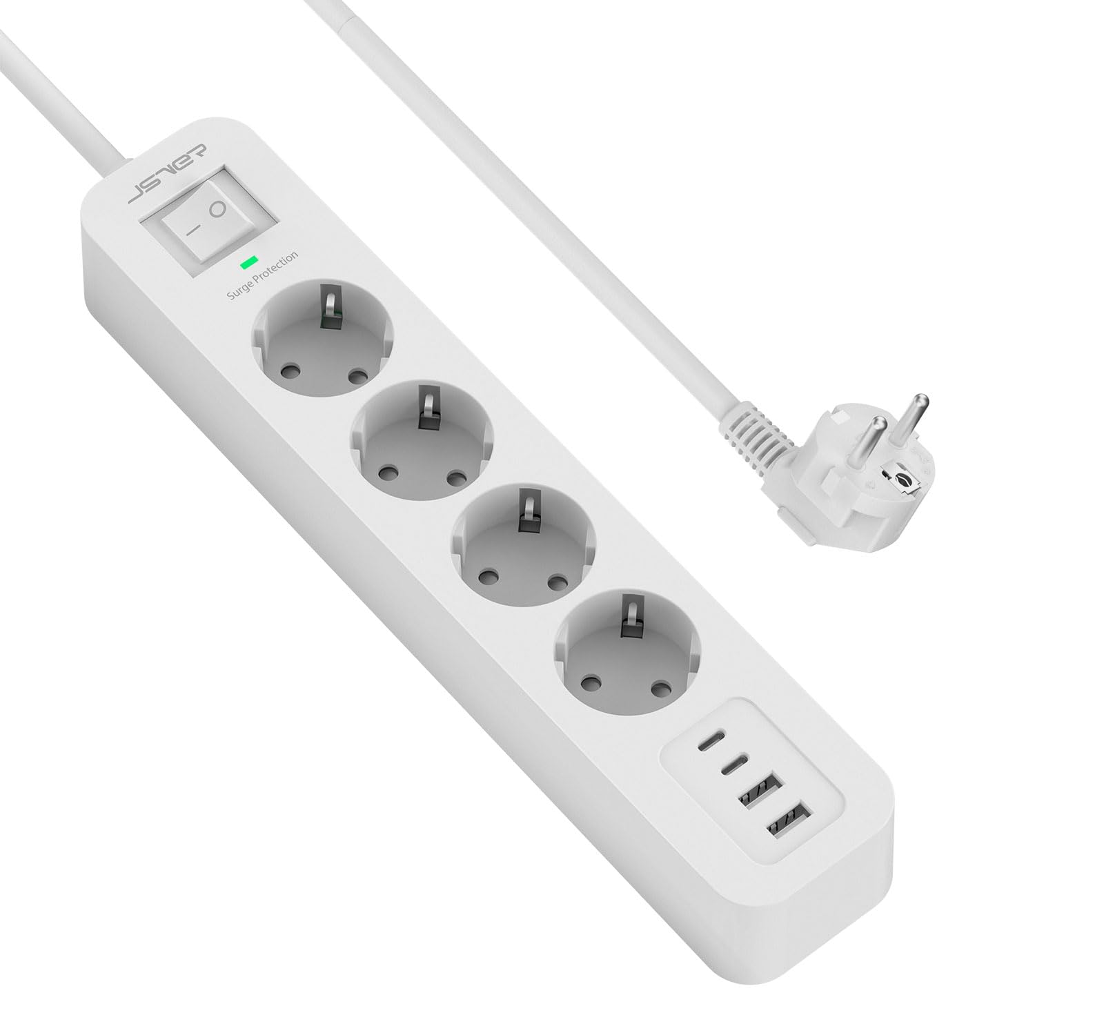 JSVER Steckdosenleiste 4 Fach mit 4 USB Ladeanschlüsse, Mehrfachsteckdose Überspannungsschutz mit USB C, Wandmontage(3680W 16A) Steckerleiste mit 2M Kabel für Smartphones, Laptop -Weiß
