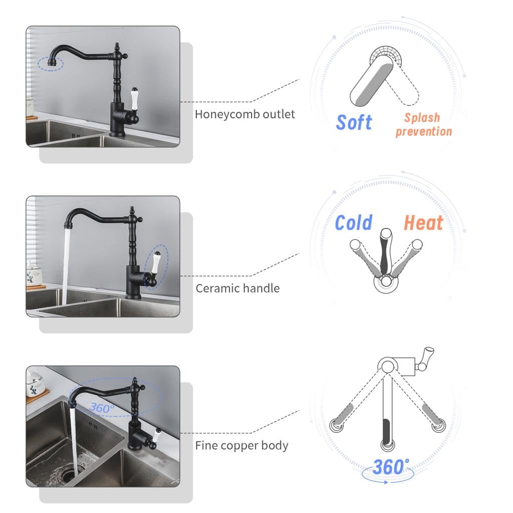 Wasserhahn Küche Schwarz Retro,Hoch Küchenarmatur 360° Drehbarer,Waschtischarmatur Antik aus Messing,Einhebelmischer Badezimmer Waschbecken