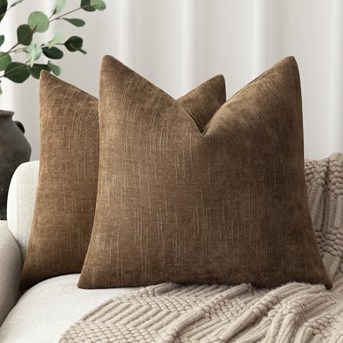 Image of Foindtower Set of 2 Soft Textured Chenille Throw Decorative Pillow Covers Square Accent Solid Cushion Cover Cozy Neutral Farmhouse Pillow Case for Couch Sofa Bedroom Living Room 22x22 Inch,Dark Bronze