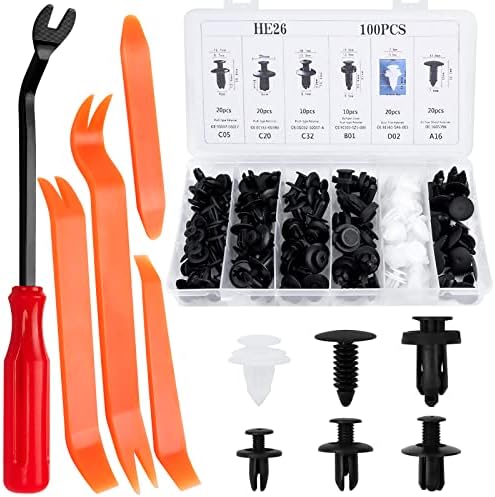 JatilEr 100 Pcs Car Body Trim Clips, 6 Sizes Plastic Rivet Fasteners Universal Auto Black Nylon Clips Bumper Clips Car, Panel Clips Door Trim Retainer Push Type Retainer Clips Kit Fasteners Tools