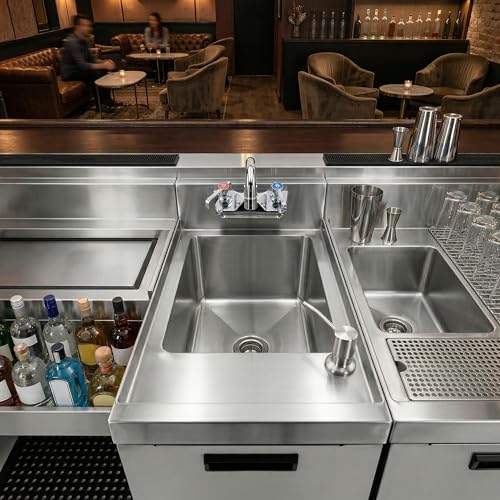 Image of 22.5 in. x 12 in. Stainless Steel Underbar Hand Sink with Soap and Towel Dispensers, 10 in. x 14 in. Bowl, Faucet, and Drain Basket
