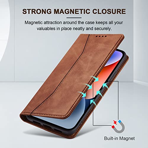 Image of Jasonyu Flip Wallet Case for iPhone 14 5G,Leather Magnetic Folio Cover with Card Holder,Kickstand - TPU Shockproof Durable Protective Phone Case,Brown