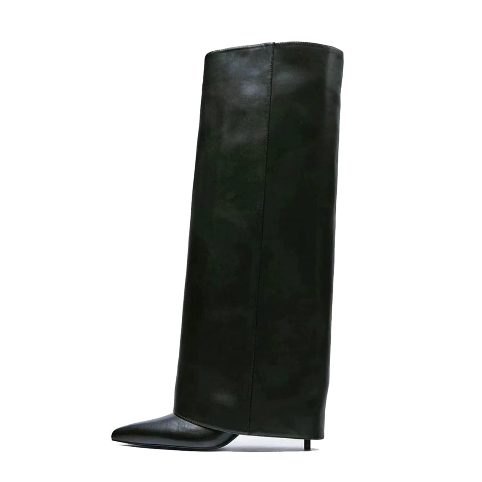 Goolita Women's Stiletto Heel Knee High Boots Pointed Toe Slip On Fold Over Boots For Women Sewing Leather Comfy Dress Boots 7 Za-black