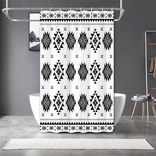 Dongbei Aztec Black and White Shower Curtain Southwestern Native American Pattern Tribal Navajo Shower Curtain Set Southwest Boho Western Aztec Geometric Bathroom Curtain Hooks Included 47X64IN