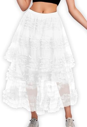EHSUYAB Women Ruffle Maxi Tulle Skirt,A Line Tiered Mesh Long Skirts Renaissance Fairy Costume Birthday Concert Outfit Casual