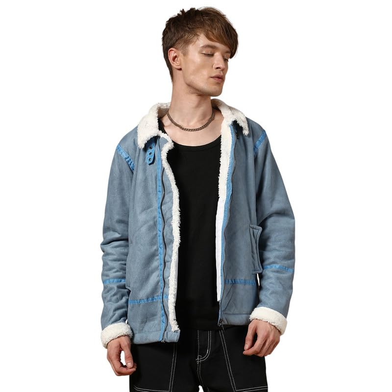 Image of Campus Sutra Men's Icy Blue & Chalk White Fleece Lined Biker Jacket For Casual Wear | Spread Collar | Long Sleeve | Zipper Closure | Jacket Crafted With Comfort Fit For Everyday Wear