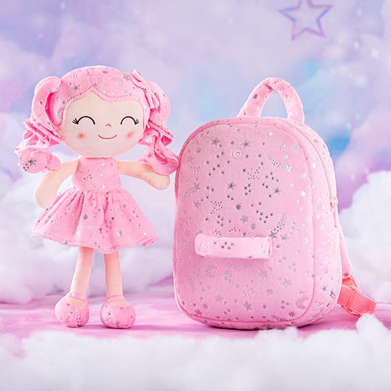 Image of Gloveleya Girls Toddler Backpack - Baby Girl Gift Plush Bag, Diaper Bag, Glitter Pink Dress Curly Hair Doll 9 Inches - Starry Sky Edition