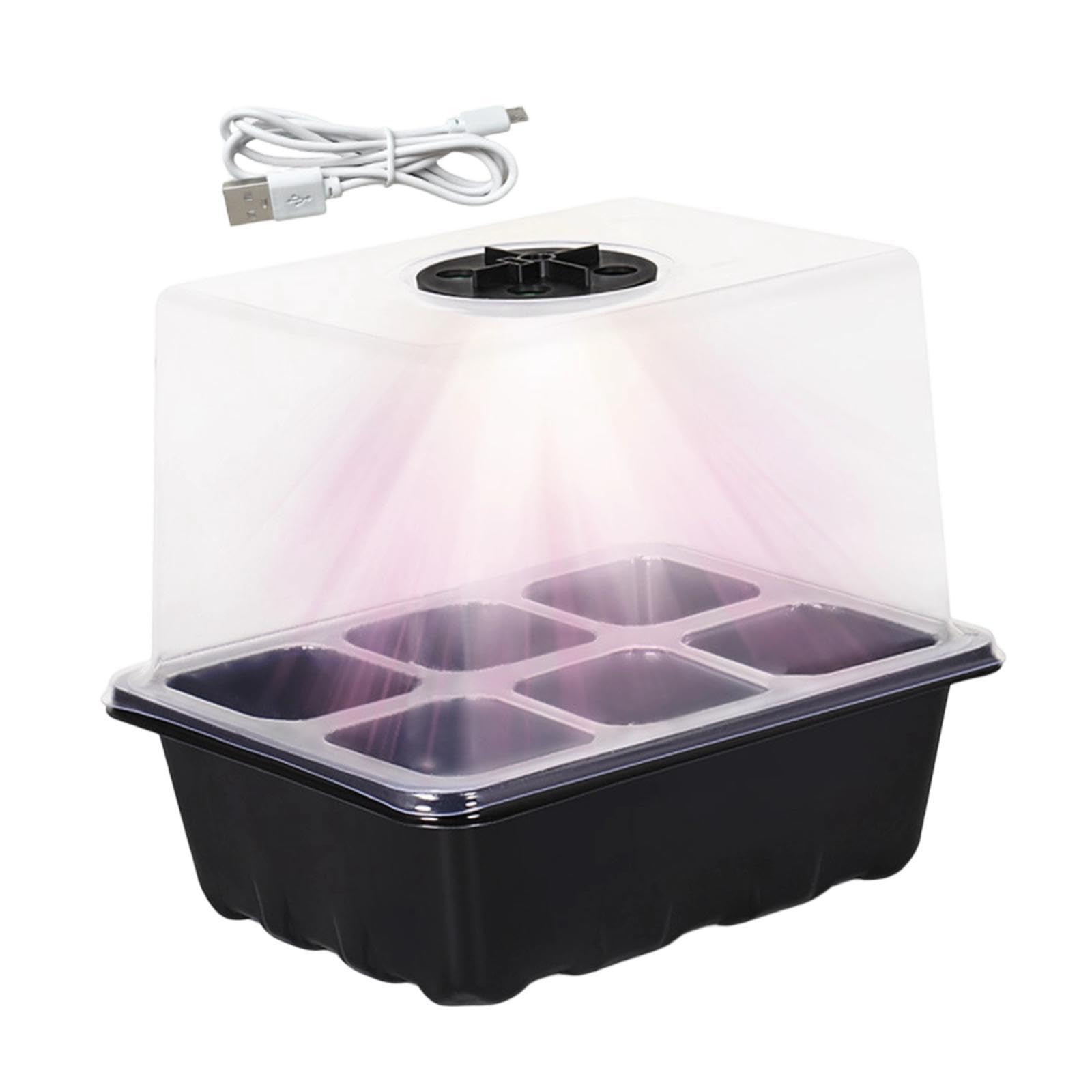 【発芽率アップ・ライト付き】育苗トレイ 穴あき箱 ライト付き育苗ポット 6/12穴 植え付け種子トレイ 透明カバー 発芽率向上 通気性 排水性良好 室内栽培 プランター 種まきハウス 苗箱 水耕栽培 ガーデニング 家庭菜園用 発芽育苗セット 植物育成, ブラック 6 スロット