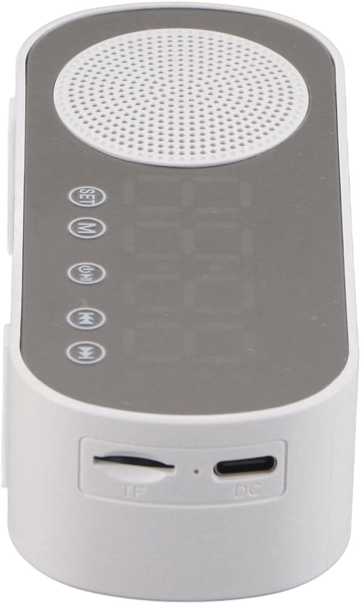 Odozgo view of the Diyeeni Digital Alarm Clock Speaker, showing the TF (Memory Card) slot and DC charging port.