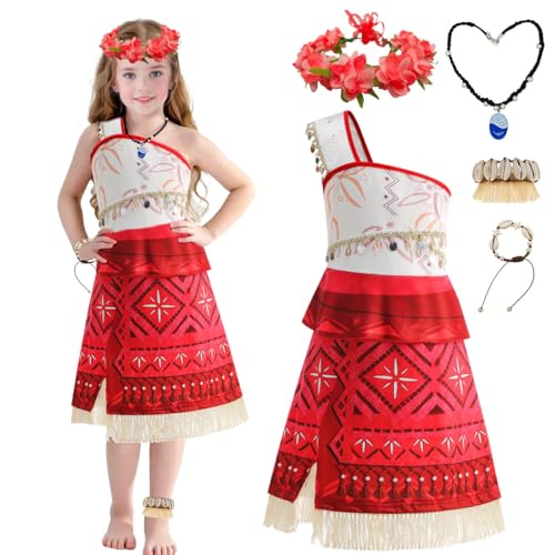 Vestido de Vaiana para Niñas, Disfraz de Vaiana Princesa, Traje de Aventura Vaiana con Collar, Corona de Flores, Pulseras y Tobilleras, Disfraces Vaiana Hawaiana Niña para Carnaval Cumpleaños (130 cm)