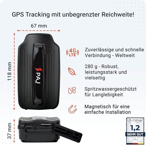PAJ GPS - Power Finder 4G magnetischer Langzeit GPS-Tracker, Echtzeitortung für Oldtimer, Auto, Fahrzeuge, Boote, Anhänger, LKWs etc, bis zu 90 Tage ohne Aufladen, Alarmbenachrichtigungen per App
