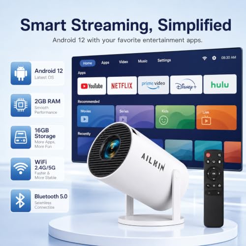 Image of AILKIN LED Best Projector, 1080P & 4K Ultra HD Support, 4500 Lumens | All OTT Apps (Netflix, Prime, Jio etc.) | Auto Keystone, WiFi /BT, HDMI, 12-inch Projector with WiFi 5G Bluetooth,150 Inch Display