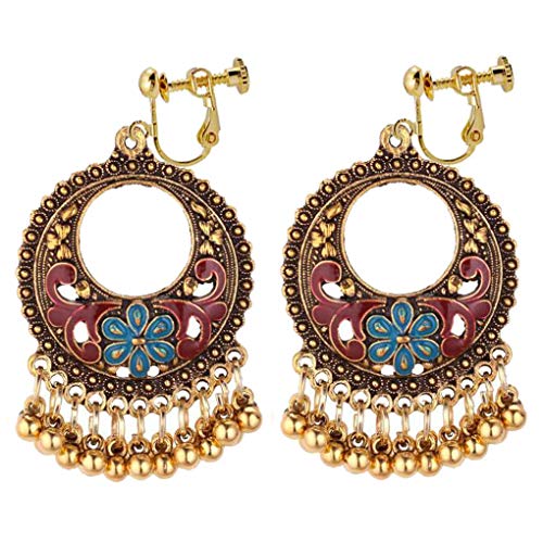 Bohemian Floral Clip On Earrings Round Hollow Long Bells Tassel Dangle Jewelry For Women Non-Pierced #TOP6