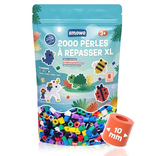 Smowo® Lot de 2000 grandes perles à repasser de 10 mm pour enfants à partir de 3 ans - 7 couleurs multicolores XL - Lot de perles créatives