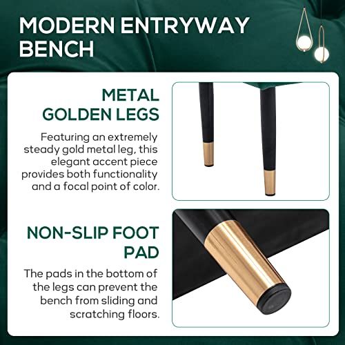 Letesa Velvet Bedroom Accent Bench With Metal Legs, Tufted Upholstered End Of Bed Ottoman Bench, Indoor Benches For Entryway Dining Living Room Window (Green) #TOP2