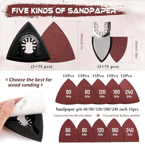 Image of 156Pcs Oscillating Tool Sanding Pads Kit, 3Pcs Triangle Sanding Pads and 3Pcs Finger Sanding Pad, 150Pcs Multitool Sandpaper Set, Grit Fit for Finishing Wood Sanding