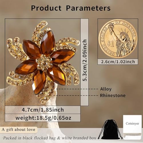 Image of Vintage Flower Brooch for Women - Elegant Lapel Pin with Rhinestones & Crystals for Suits, Coats, Dresses, Hats, Scarves and Shawls