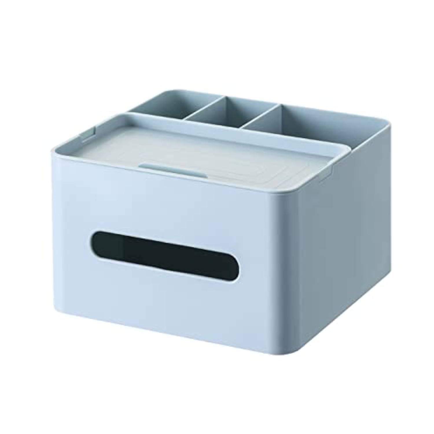 Horntide Blue 5-In-1 Tissue Box 20Cm Multifunction Countertop Organizer 3X Compartments 1X Tray Boutique Stationery Storage Caddy Hips Plastic (Blue)