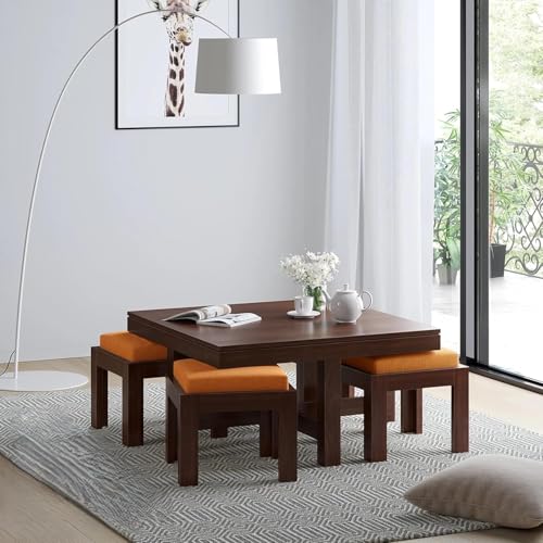 Image of Furniture Solid Sheesham Wood Coffee Table with 4 Stool | Square Centre Table with Stool | Center Table with 4 Stools for Living Room | Espresso Finish