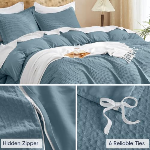 Image of PHF Waffle Duvet Cover Set Queen Size, No Snagging Ultra Soft Luxury Textured Breathable Comforter Cover for All Season 3pcs, Durable Bedding Duvet Set with 2 Pillow Shams, 90 inchx90 inch, Stormy Blue