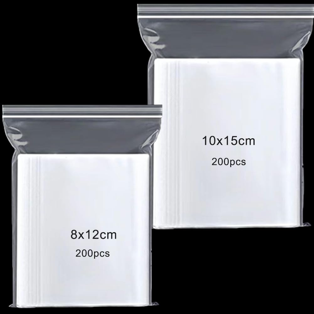 400pcs Grip Seal Bags, 8x12+10x15cm Resealable Zip Lock Bag, Clear Plastic Bags, Reusable Polythene Pouches, Sealable Storage Baggies for small items