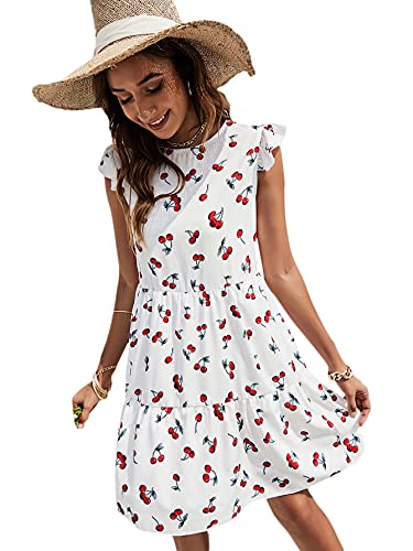 Romwe Women s Plain Short Sleeve Floral Summer Floral Lace Prom Party Shift Dress Cherry White S