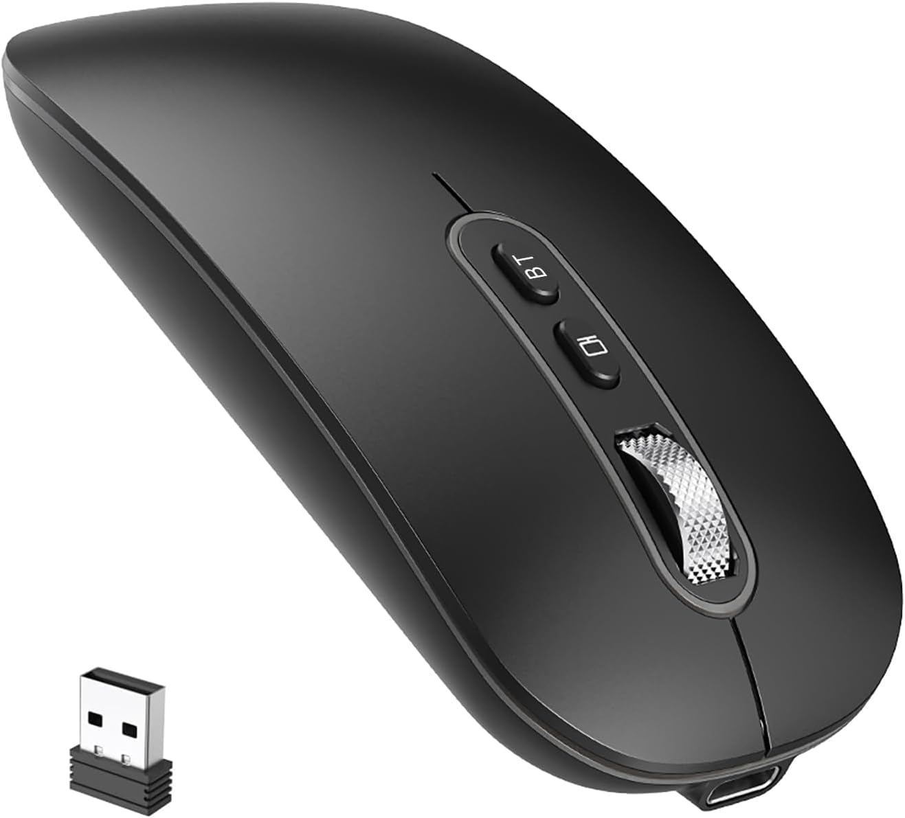 cimetech - Ratón Bluetooth inalámbrico (BT 5.1 + 2,4 GHz)-Soporte Recargable, silencioso y Fino, Compatible con MacBook Pro/Air, Mac, iPad, Ordenador portátil, Ordenador de sobremesa, Mac y PC-Negro