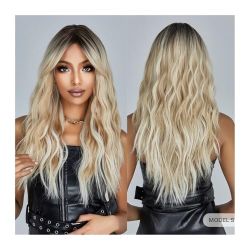 Perruque femme cheveux longs ondulés avec frange blonde synthétique résistante à la chaleur
