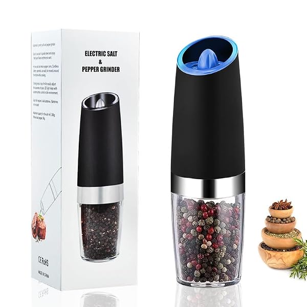 Kayswang Electric Pepper Salt Grinder Set Equipped with Gravity Sensing Switch and LED Light Battery Powered One Handed Automatic Operation Black 2-Piece Set (Black) by Kayswang - Image 2