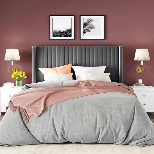 Image of Allewie Queen Size Velvet Bed Frame /Vertical Channel Tufted Wingback Headboard /Upholstered Platform Bed /Strong Wooden Slats /No Box Spring Needed /Easy Assembly /Grey