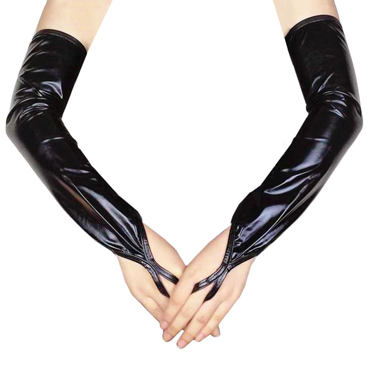 Hybursky Women's Black Metallic Fingerless Long Gloves, Patent Leather Shiny Elbow Length Opera Gloves For Evening Party Masquerade Rave Stage Performance Cosplay Costume Night Club Dancewear (Black)