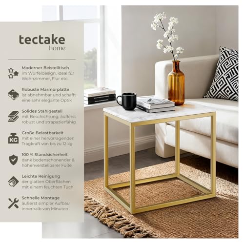 tectake® Couchtisch, Kleiner Tisch, Beistelltisch Metall und Marmor, Wohnzimmer Möbel, Coffee Table, Beistelltisch, Nachttisch, Sofatisch, Kaffeetisch modern, Kleinmöbel - Gold/weiß – Bild 4