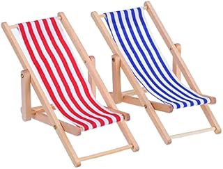 Bememo 2 Pieces 1:12 Miniature Foldable Wooden Beach Chair Chaise Longue Deck Chair Mini Furniture Accessories with Red/ Blue Stripe for Indoor Outdoor