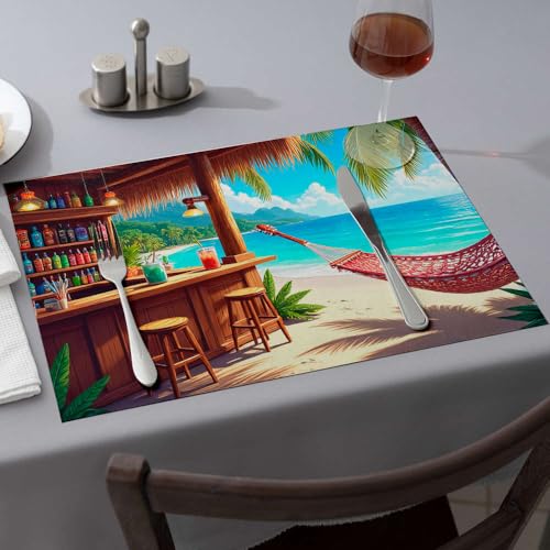 Kitchen & Table Linens Beachside Bar with Hammock Overlooking Ocean. Dining Place Mats Home Decor Blue Placemats(6PCS)