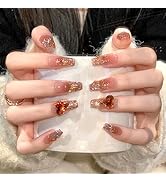 Amazon | ネイルチップ ロング 付け爪 24枚入 キラキラ 光沢 立体 韓国