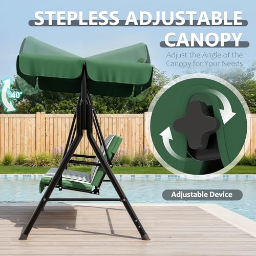 Image of Garvee Outdoor Porch Swing with Adjustable Canopy, 3-Seat Patio Swing Chair with Stand, Heavy Duty Outdoor Swing for Adults, Metal Frame Patio Swing for Garden, Backyard & Poolside,Striped Green