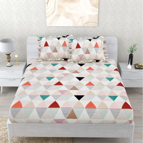 Image of King Size Fitted Bedsheet for Double Bed | 300 TC Cotton Feel Microfiber | All Around Elastic with 2 Frill Pillow Covers | Soft & Durable | (WhitetglFrill, Fitted -60x78 Queen)