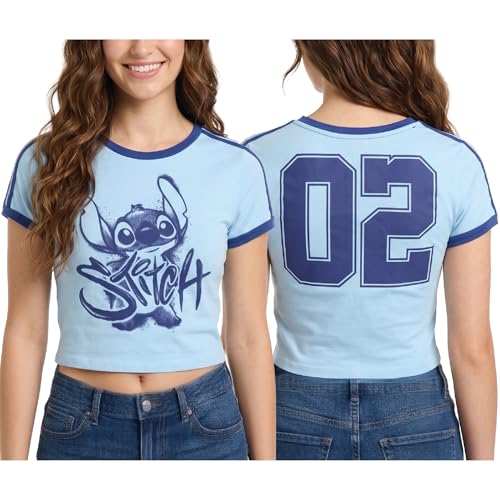 Image of Disney Lightning McQueen Mickey Mouse & Stitch Womens Retro Graphic Tees | Vibrant Disney Graphics, Breathable Fabric, Cropped Fit, Size Up for Ideal Fit